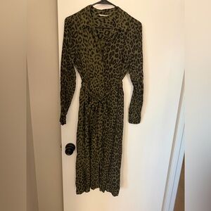 Lucky Brand Olive Green Leopard Wrap Midi Dress